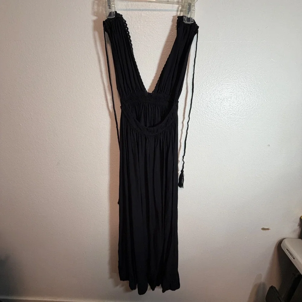 Free People Black Boho Hi Low Maxi Dress Lace Tassel Smocked Waist XS